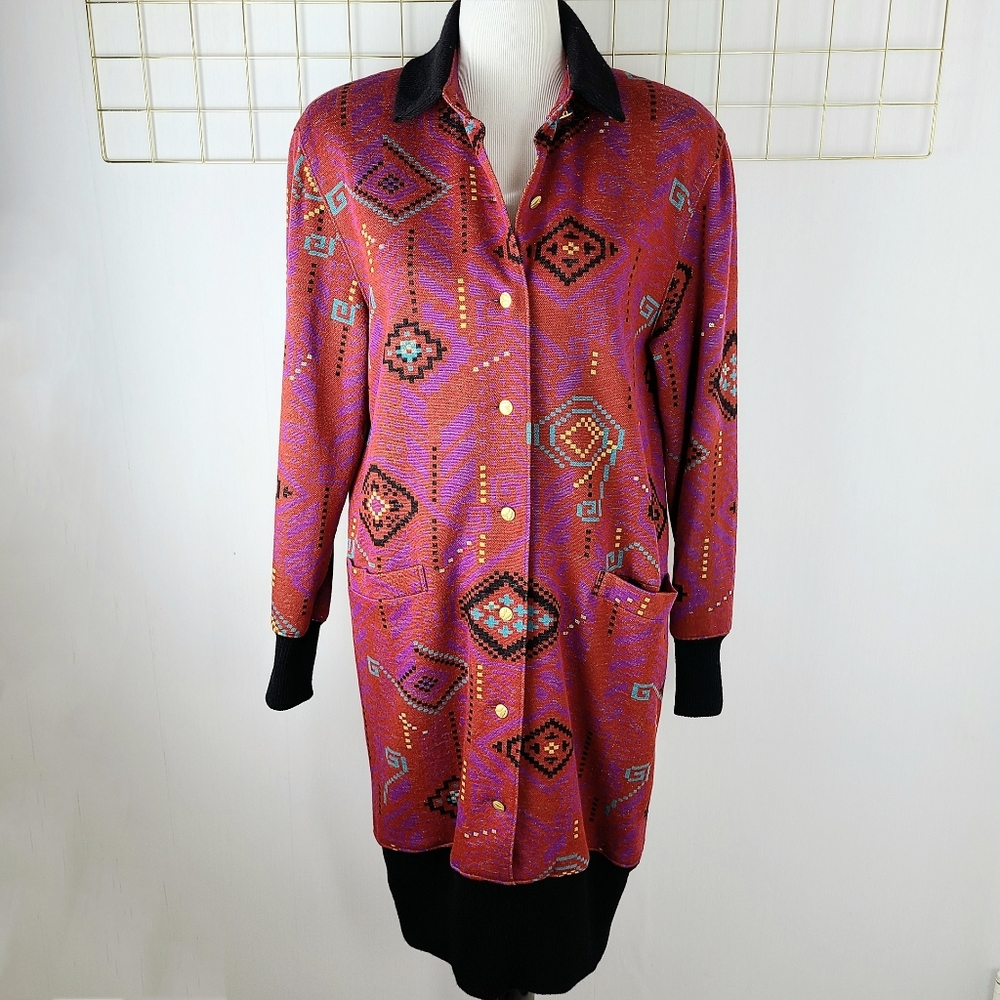 Hanae Mori Boutique Graphic Print 1980s Vintage Long Sleeve Blouson Knit Dress